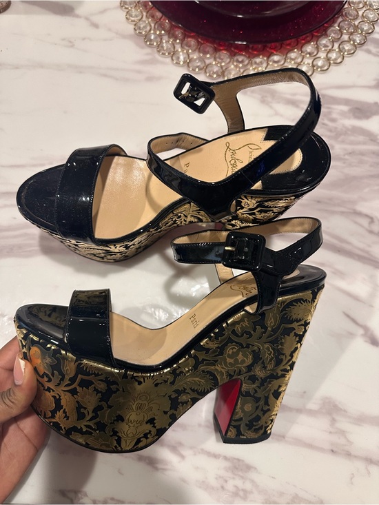 Christian Louboutin Shoes - Christian Louboutin Black Patent Leather Platform Sandals with Gold Brocade